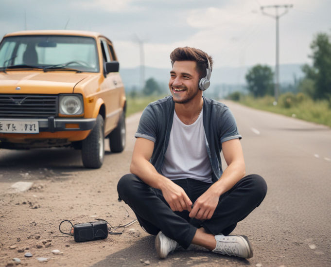 A man sits on the roadside next to their broken-down car, wearing earphones and a contented smile as they listen to music on their smartphone.