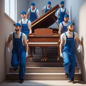 movers safely moving out a piano 