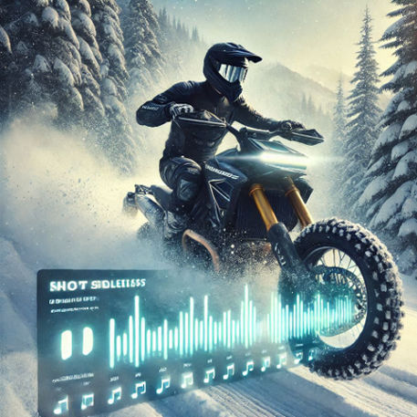 A rider navigating snowy trails on a Timbersled-equipped bike, with headphones and a glowing playlist interface.
