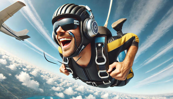 Skydiver in freefall wearing an advanced helmet with built-in audio.