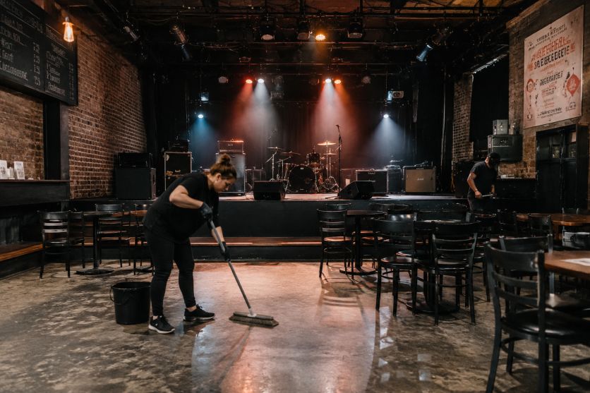 live music venue being cleaned before a concert